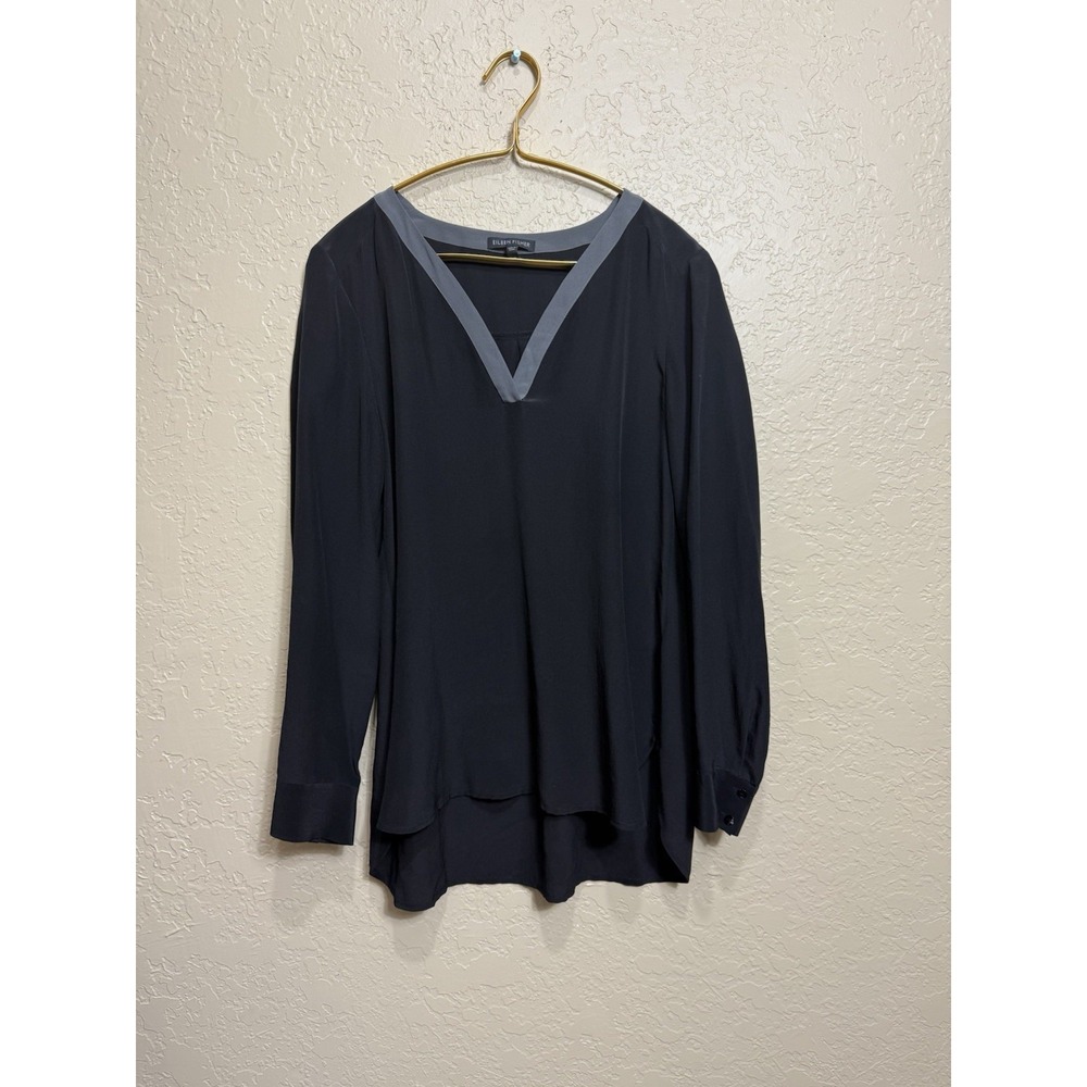 Eileen Fisher Shirt Womens XS Black gray 100% Silk V Neck Long Sleeve Blouse Top